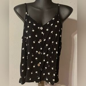 Small Ocean Romantic black white palm print v-neck button down sleeveless blouse